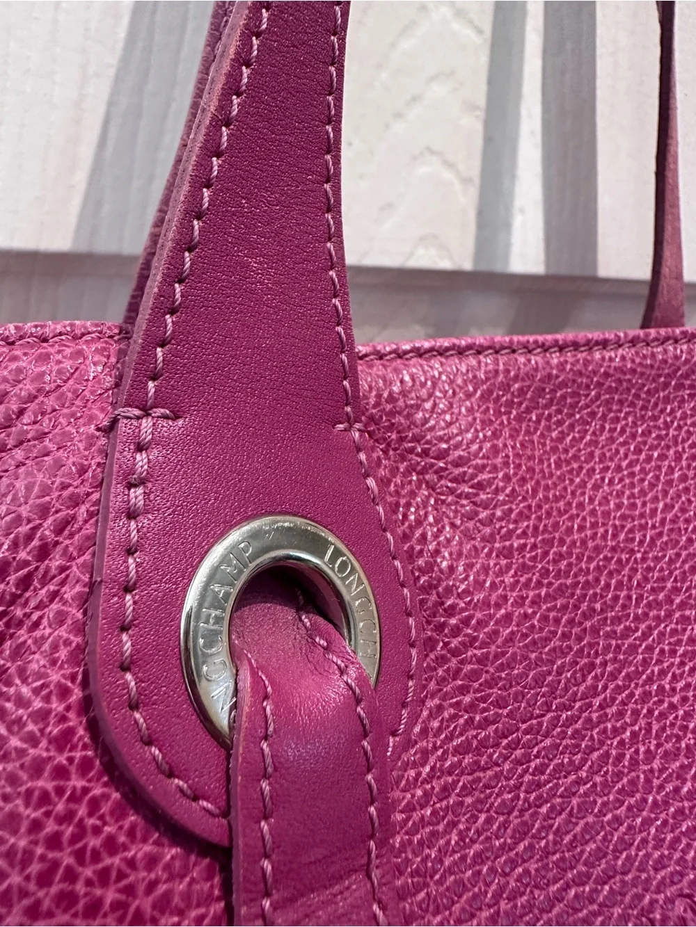 Longchamp Fuchsia Leather Tote with Silver Hardware